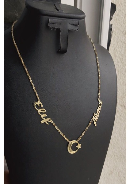 925 Ayar Gümüş 24 Ayar Altın Kaplama 2 Isimli Ayyıldızlı Kolye