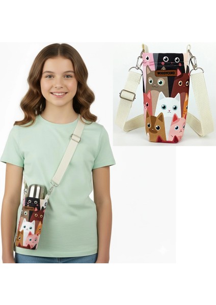 0,5 Litrelik Matara Kılıfı Su Şişesi Taşıma Çantası Sevimli Kediler Temalı