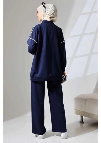 Kadın Lacivert Mevsimlik Penye Alt Üst Spor ve Rahat Ikili Tunik Pantolon Şık Tesettür Takım modelleri