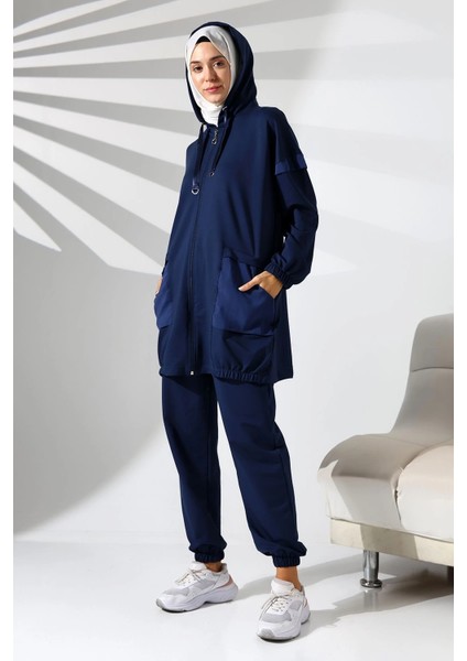 Kadın Mevsimlik Penye Alt Üst Spor ve Rahat Lacivert Tesettür Takım