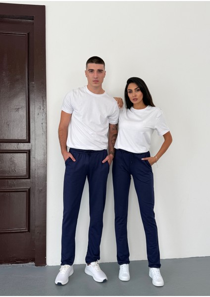 Unisex Beli Bağlamalı Pamuklu Reçmeli Paça Iki Iplik Lacivert Eşofman Altı