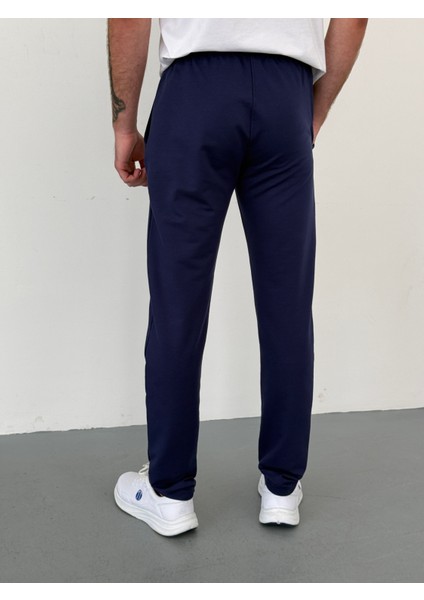 Unisex Beli Bağlamalı Pamuklu Reçmeli Paça Iki Iplik Lacivert Eşofman Altı fırsatları