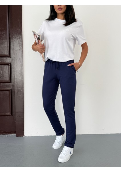 Unisex Beli Bağlamalı Pamuklu Reçmeli Paça Iki Iplik Lacivert Eşofman Altı