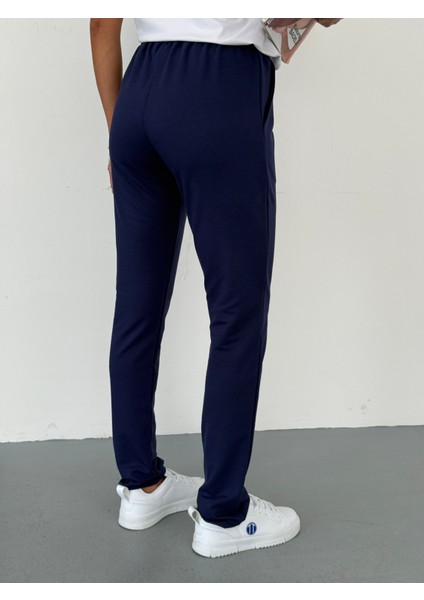 Unisex Beli Bağlamalı Pamuklu Reçmeli Paça Iki Iplik Lacivert Eşofman Altı