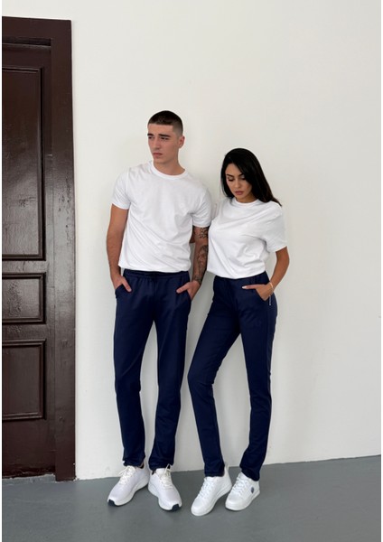 Unisex Beli Bağlamalı Pamuklu Reçmeli Paça Iki Iplik Lacivert Eşofman Altı