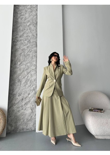 Kadın Gold Kurabiye Düğmeli Blazer Ceket Etek Takım Elbise fiyatları