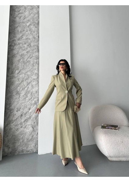 Kadın Gold Kurabiye Düğmeli Blazer Ceket Etek Takım Elbise fırsatları