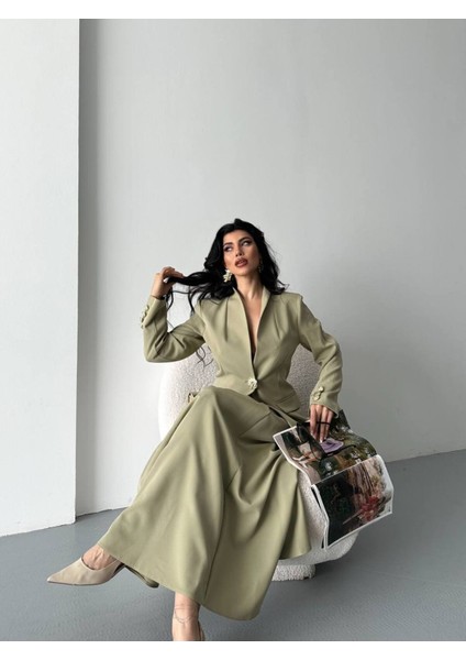 Kadın Gold Kurabiye Düğmeli Blazer Ceket Etek Takım Elbise indirimleri