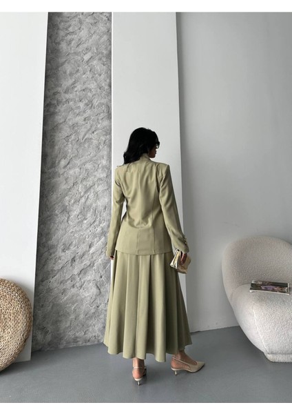 Kadın Gold Kurabiye Düğmeli Blazer Ceket Etek Takım Elbise