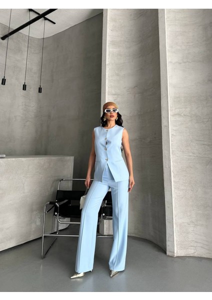 Kadın Alt Üst Takım Şık Düğme Detaylı Premium Yelek Pantolon Ikili Takım Elbise