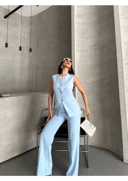 Kadın Alt Üst Takım Şık Düğme Detaylı Premium Yelek Pantolon Ikili Takım Elbise
