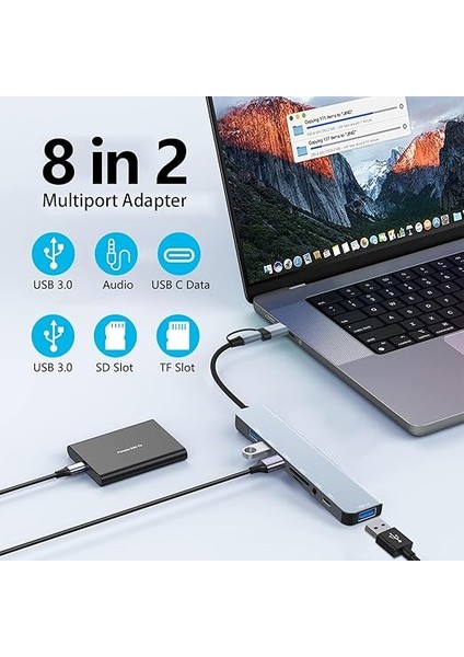 USB C Hub, 8'i 2 Arada USB Hub 3.0 Çoklu Bağlantı Noktalı Adaptör, USB 3.0 Bağlantı Noktası, Sd/tf Kart Okuyucu, Usb-C ve 3 x USB 2.0 Veri Bağlantısı, 3,5 mm Kulaklık Bağlantısı, MacBook fiyatları