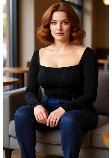 Kadın Moda Şık Büyük Beden Crop Kare Yaka Fitted Kalıp Örme Fittilli Biye Detaylı Bluz