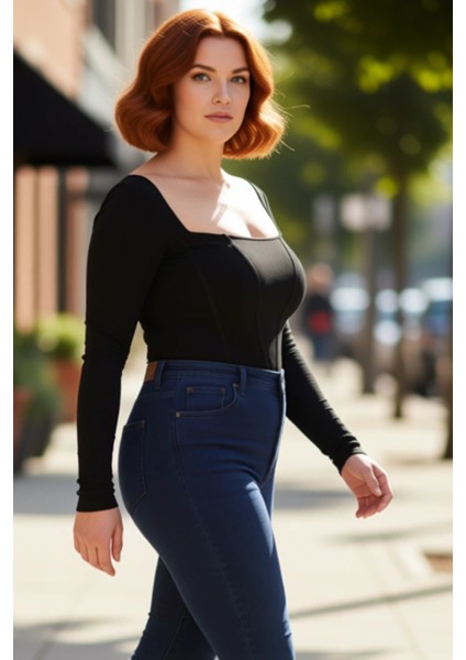 Kadın Moda Şık Büyük Beden Crop Kare Yaka Fitted Kalıp Örme Fittilli Biye Detaylı Bluz fırsatları