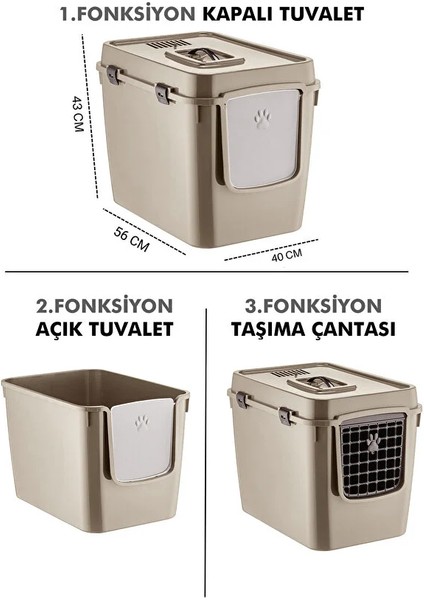 Xl 3 Fonksiyonlu Çok Amaçlı Kapalı Kedi Tuvaleti ve Taşıma Çantası 56 x 40 x 43 cm