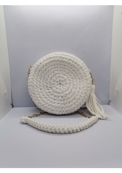 Beyaz Kadın Omuz Çantası El Yapımı Penye Ip