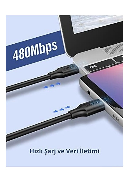 2.0 A Type-C & Type-C ve Şarj Kablosu, 1.5 Metre, Siyah modelleri