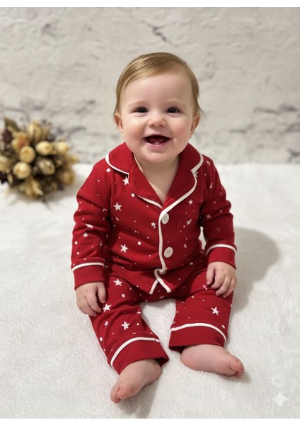 Tuembaby %100PAMUK Uzun Kollu Yıldız Baskılı Düğmeli Unisex Bebek Pijama Takımı