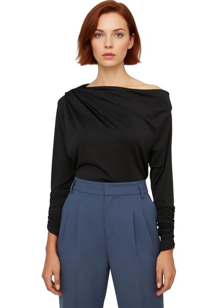 Moda Asimetrik Yaka Örme Regular Düz Desen Resmi Regular Uzun Kol Bluz