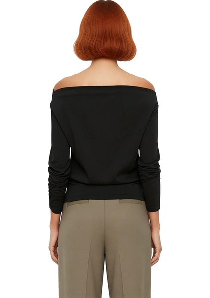 Moda Asimetrik Yaka Örme Regular Düz Desen Resmi Regular Uzun Kol Bluz fiyatları