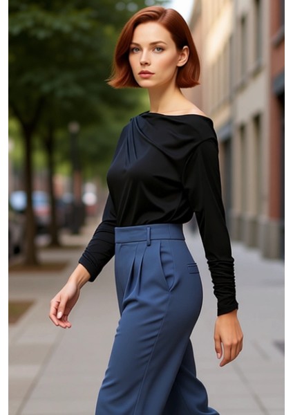 Moda Asimetrik Yaka Örme Regular Düz Desen Resmi Regular Uzun Kol Bluz modelleri