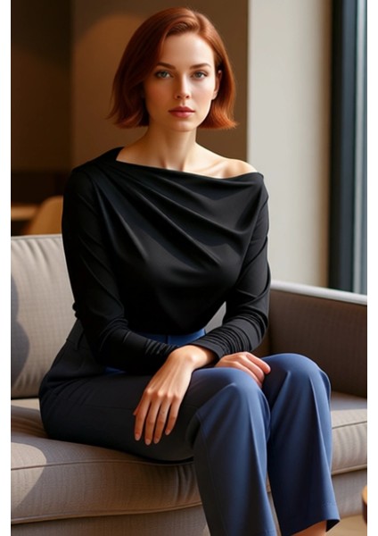 Moda Asimetrik Yaka Örme Regular Düz Desen Resmi Regular Uzun Kol Bluz fırsatları