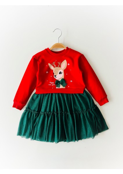 Kız Çocuk Geyik Baskılı Astarlı Tül Etekli Noel Yılbaşı Temalı Kırmızı Elbise