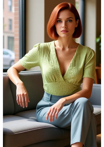 Polyester Örme Bluz Crop V Yaka Balon Kol Fitted Kalıp Özel Tasarım Rahat ve Şık