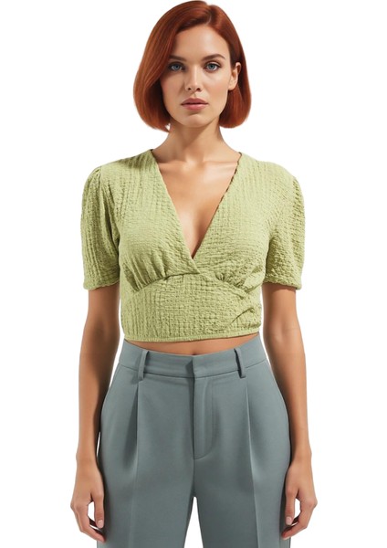 Polyester Örme Bluz Crop V Yaka Balon Kol Fitted Kalıp Özel Tasarım Rahat ve Şık fiyatları