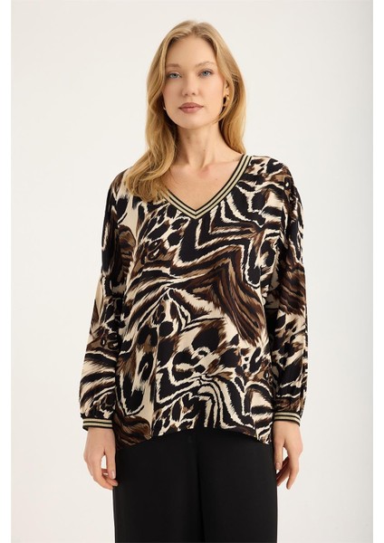 Zebra Desenli Simli Ribanalı V Bluz