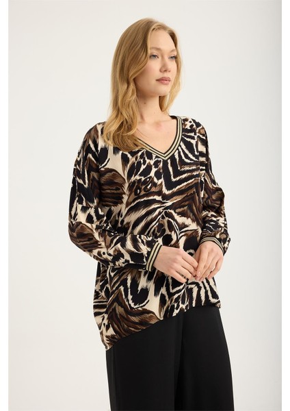 Zebra Desenli Simli Ribanalı V Bluz modelleri