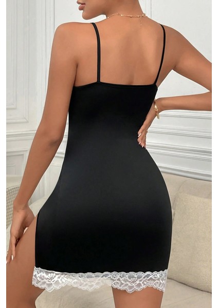 Kadın Siyah Askılı Yırtmaçlı Beyaz Dantelli Gecelik - Modern ve Şık Tasarım fiyatları