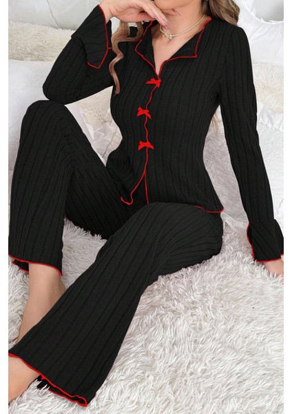 Kadın Siyah Kırmızı Biyeli ve Fiyonklu Uzun Kollu Mevsimlik Pijama Takımı