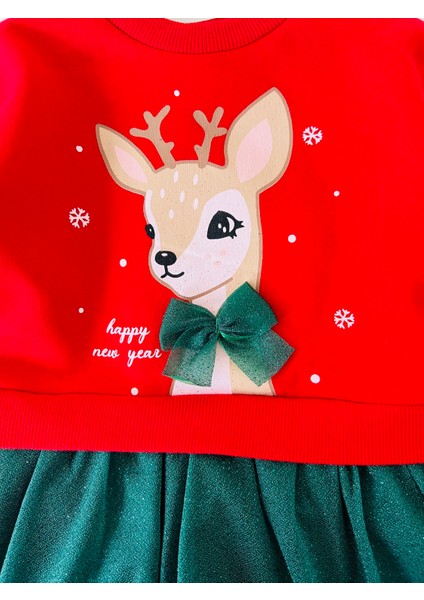 Kız Çocuk Geyik Baskılı Astarlı Tül Etekli Noel Yılbaşı Temalı Kırmızı Elbise fiyatları