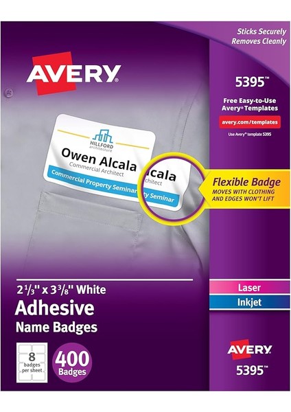 Esnek Isim Etiketi Çıkartmaları, Beyaz Dikdörtgen Etiketler, 400 Çıkarılabilir Isim Rozeti, 2-1/3" x 3-3/8" (5395)