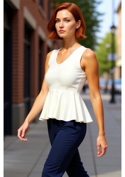 Kadın V Yaka Peplum Triko Bluz Özel Iplik Dokuma Kaliteli Şık Rahat Modern Zarif Günlük modelleri