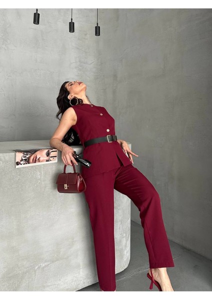 Kadın Kemerli Yelek Palazzo Pantolon Ikili Takım Elbise fiyatları