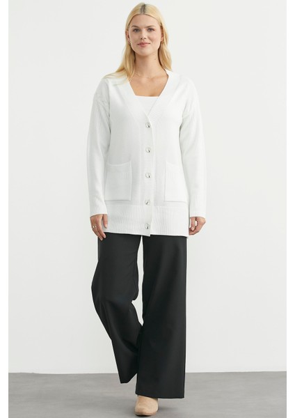 Oversize Cepli Triko Hırka - Kemik