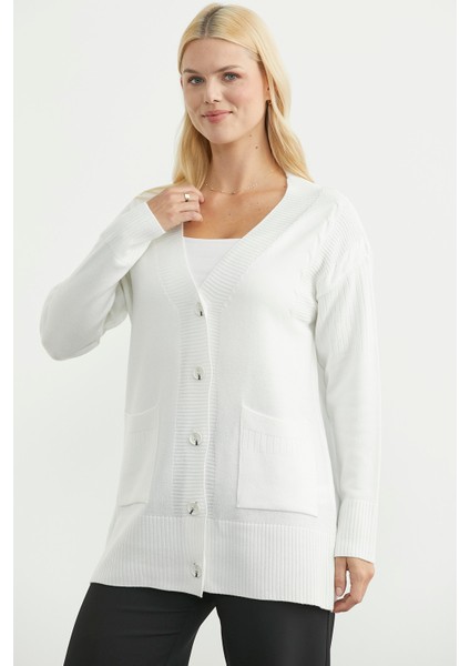 Oversize Cepli Triko Hırka - Kemik fiyatları