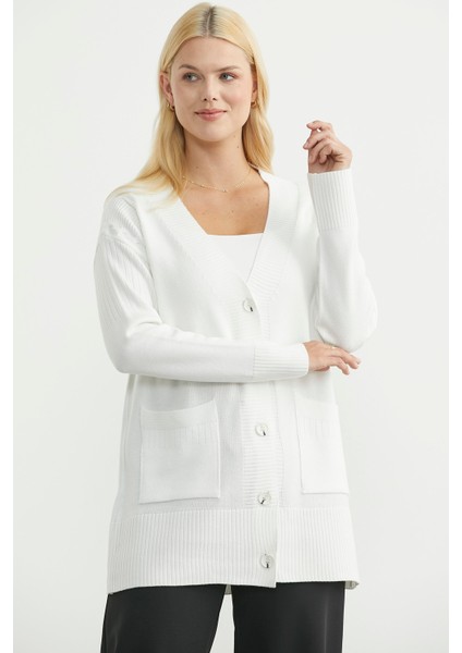 Oversize Cepli Triko Hırka - Kemik modelleri