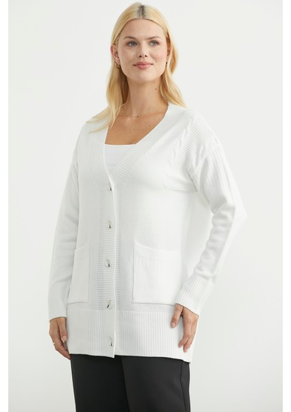 Oversize Cepli Triko Hırka - Kemik fırsatları