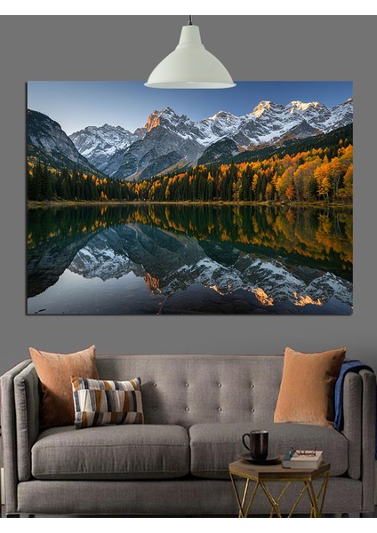 Yansımalı Dağ Gölü Manzarası Dekoratif Kanvas - Mdf Ahşap Tablo fiyatları