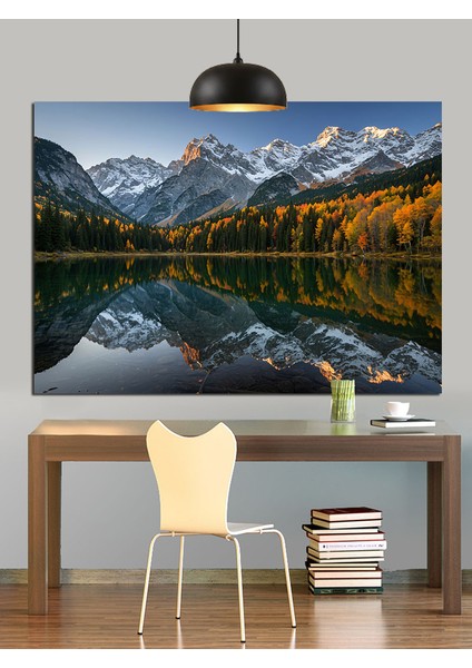 Yansımalı Dağ Gölü Manzarası Dekoratif Kanvas - Mdf Ahşap Tablo modelleri