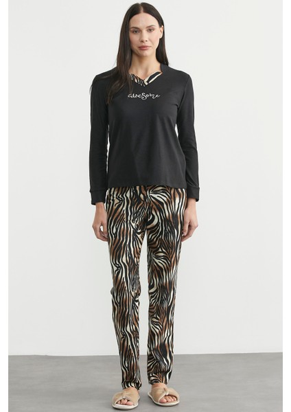 Leopar Kombinli Pijama Takım - Siyah