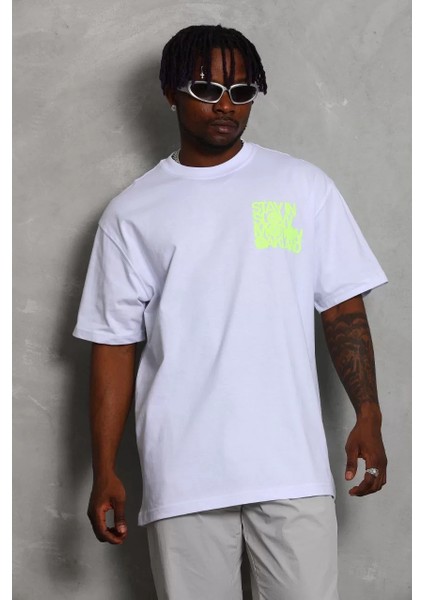 Unisex Oversize Baskılı Bisiklet Yaka T-Shirt - Beyaz
