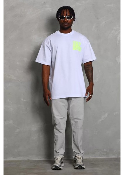 Unisex Oversize Baskılı Bisiklet Yaka T-Shirt - Beyaz fiyatları