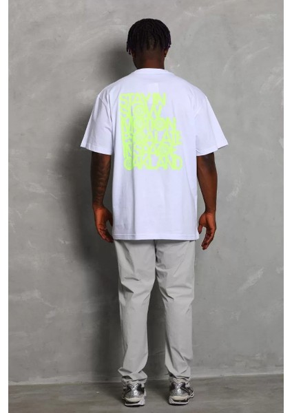 Unisex Oversize Baskılı Bisiklet Yaka T-Shirt - Beyaz fırsatları