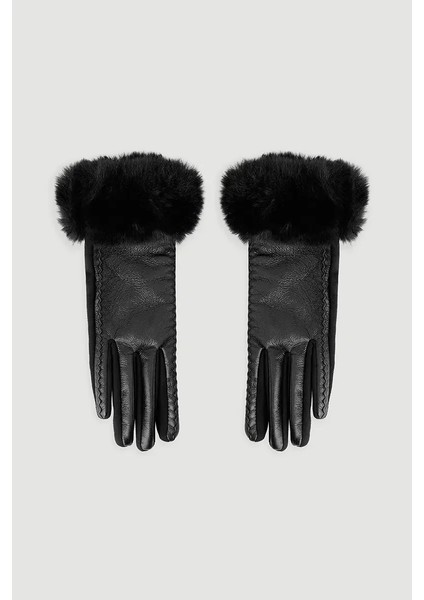 Kürklü Dikiş Detaylı Suni Deri Eldiven - Siyah