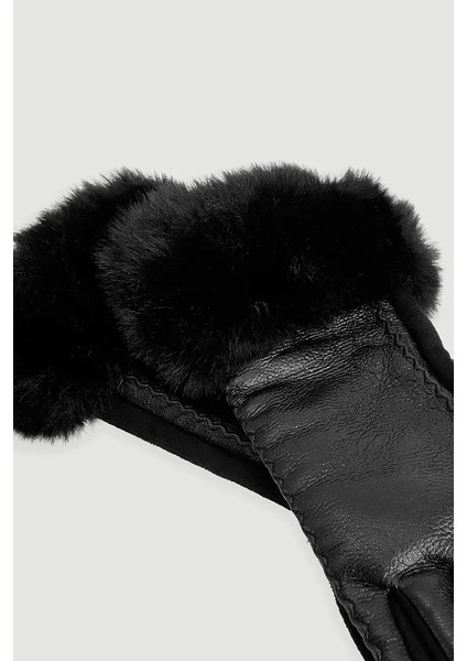 Kürklü Dikiş Detaylı Suni Deri Eldiven - Siyah fiyatları