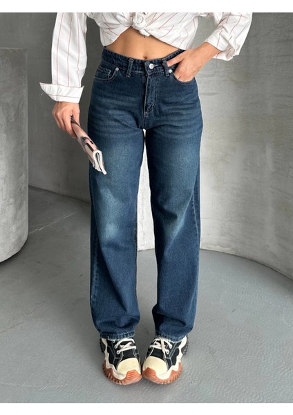 Palazzo Bıyık Enzim Yıkama Jeans Pantolon Koyu Mavi D2008